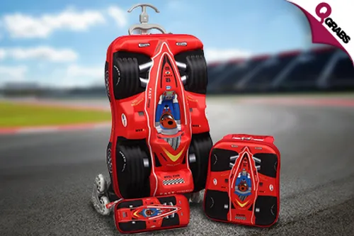 For QR149 Get the Whole Package with a Red 3D Race Car School Bag Set - Comes with Trolley Bag, Lunch Bag & Pencil Case! (QR249 Value)